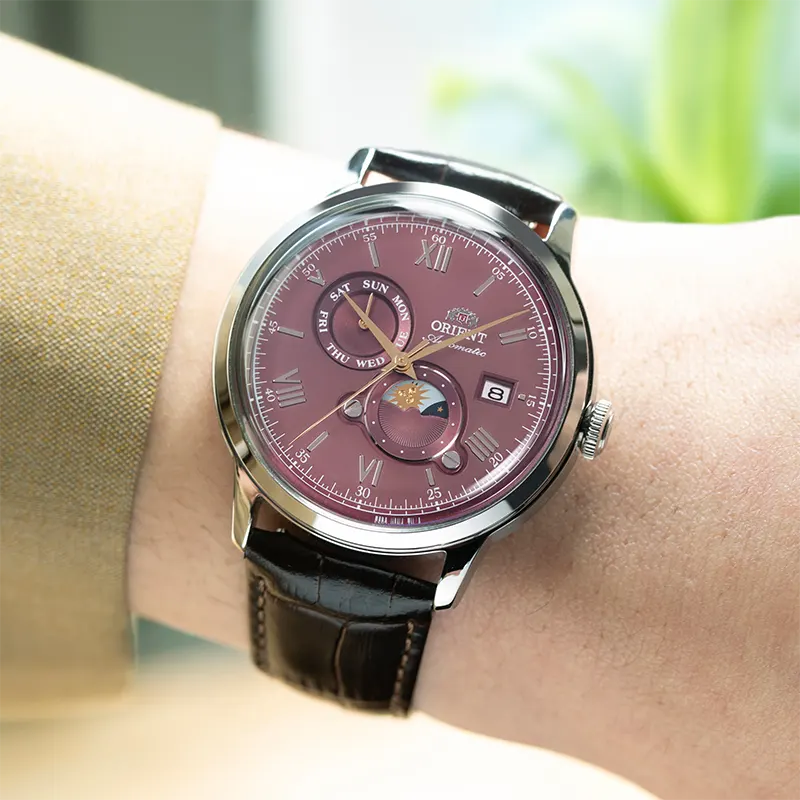 Orient Bambino Sun and Moon Bordeaux Dial Men's Watch- RA-AK0807R